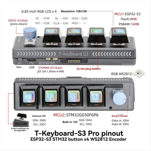 T-Keyboard-S3 Pro ESP32-S3 Keyboard Development Board 0.85-Inch LCD Button WiFi Bluetooth STM32 RGB Encoder Module,A 2