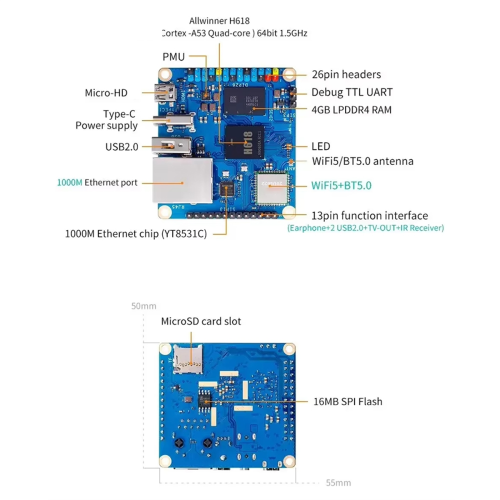 For Zero 3 1GB RAM Development Board DDR4 Allwinner H618 WiFi Bluetooth PC Zero3 Single Computer 2
