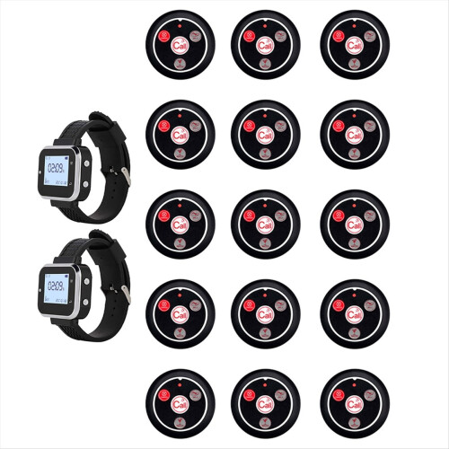 Cafe Waiter Service Buzzer 15 Table Call Button Transmitter 2 Watch Pager Wireless Calling System EU Plug