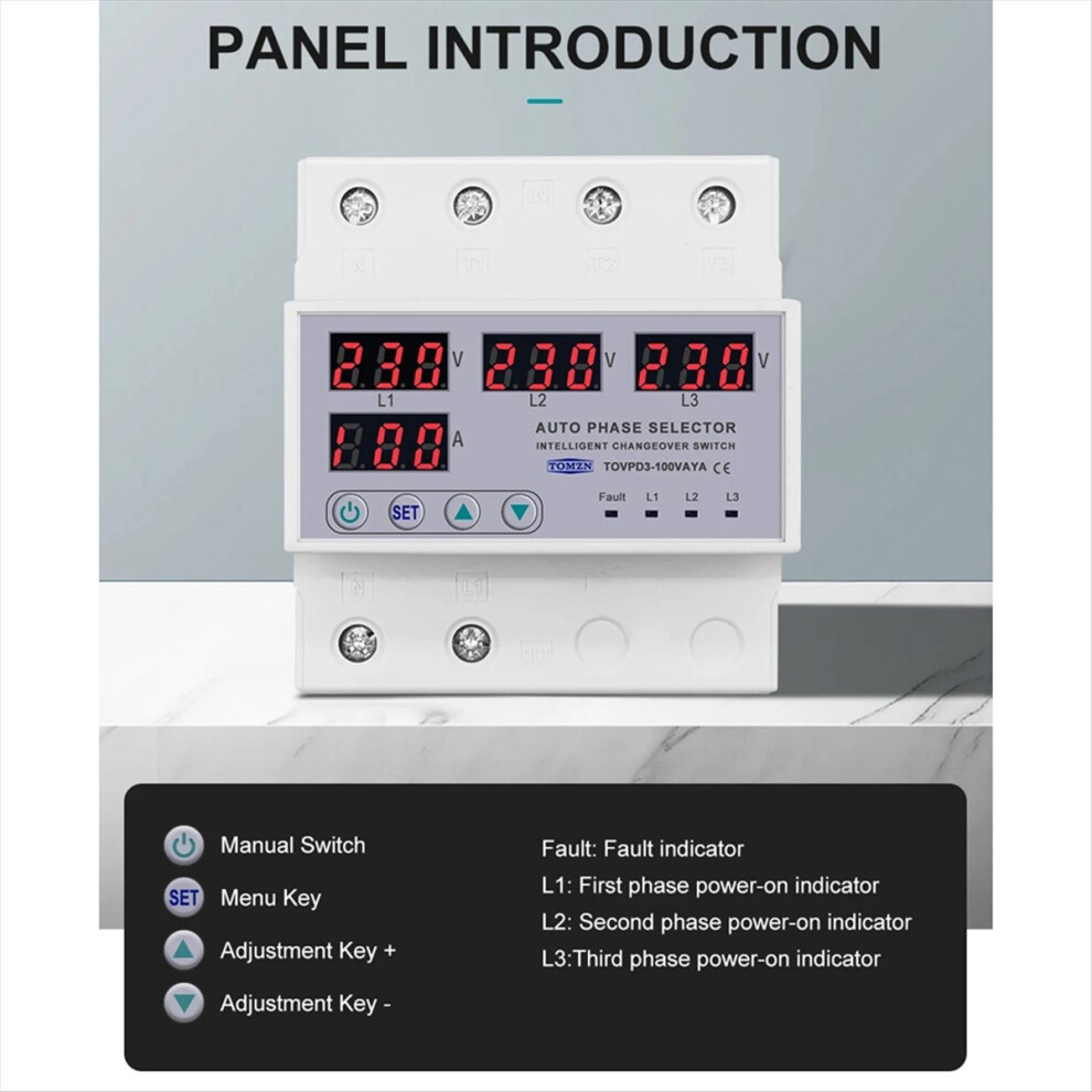 100A 3 Phase 3P+N Din Rail Over And Under Voltage Current Protection Monitor Relays Protector 4853798014294
