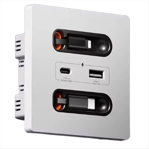 12w Universal Wall Panel Socket with Usb-A Usb-C Retractable Charging Cable ,Mobile Phone Tablet Type C Outlet