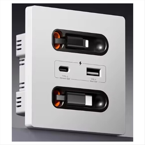 12w Universal Wall Panel Socket with Usb-A Usb-C Retractable Charging Cable ,Mobile Phone Tablet Type C Outlet 2