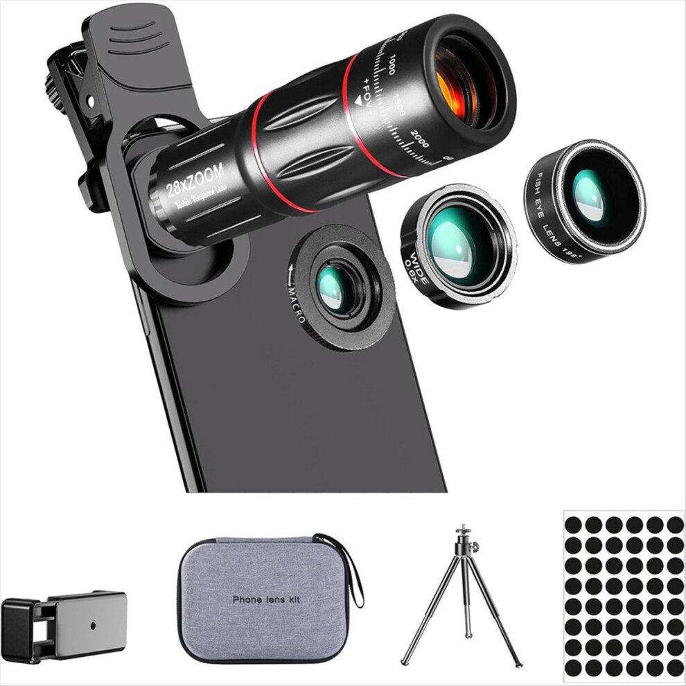 Phone Camera Lens Kit Upgraded Version Telephoto 28X Wide Angle 0.6X Macro 20X Fisheye 198 For Most Smartphones 4854219265240