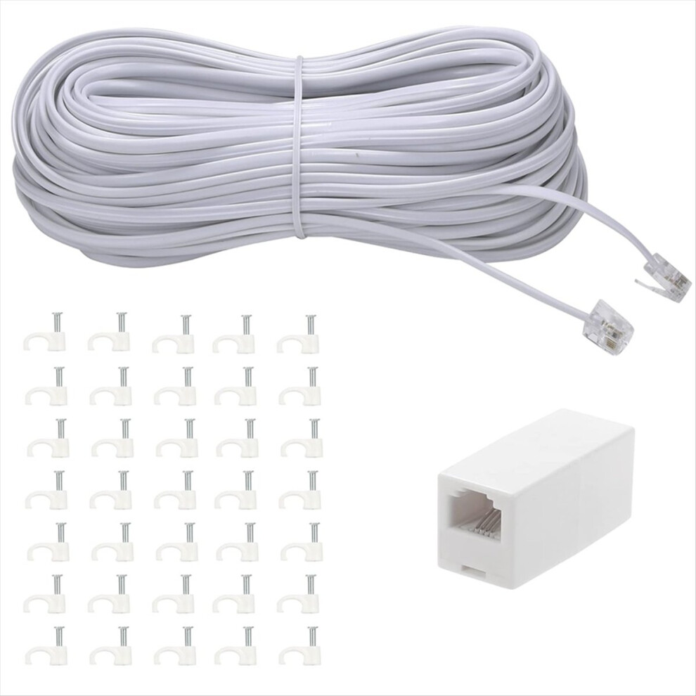 100 Ft Telephone Extension Cord Phone Cable Wire Line With Couplers And 35 Clip Holders 4853013929679
