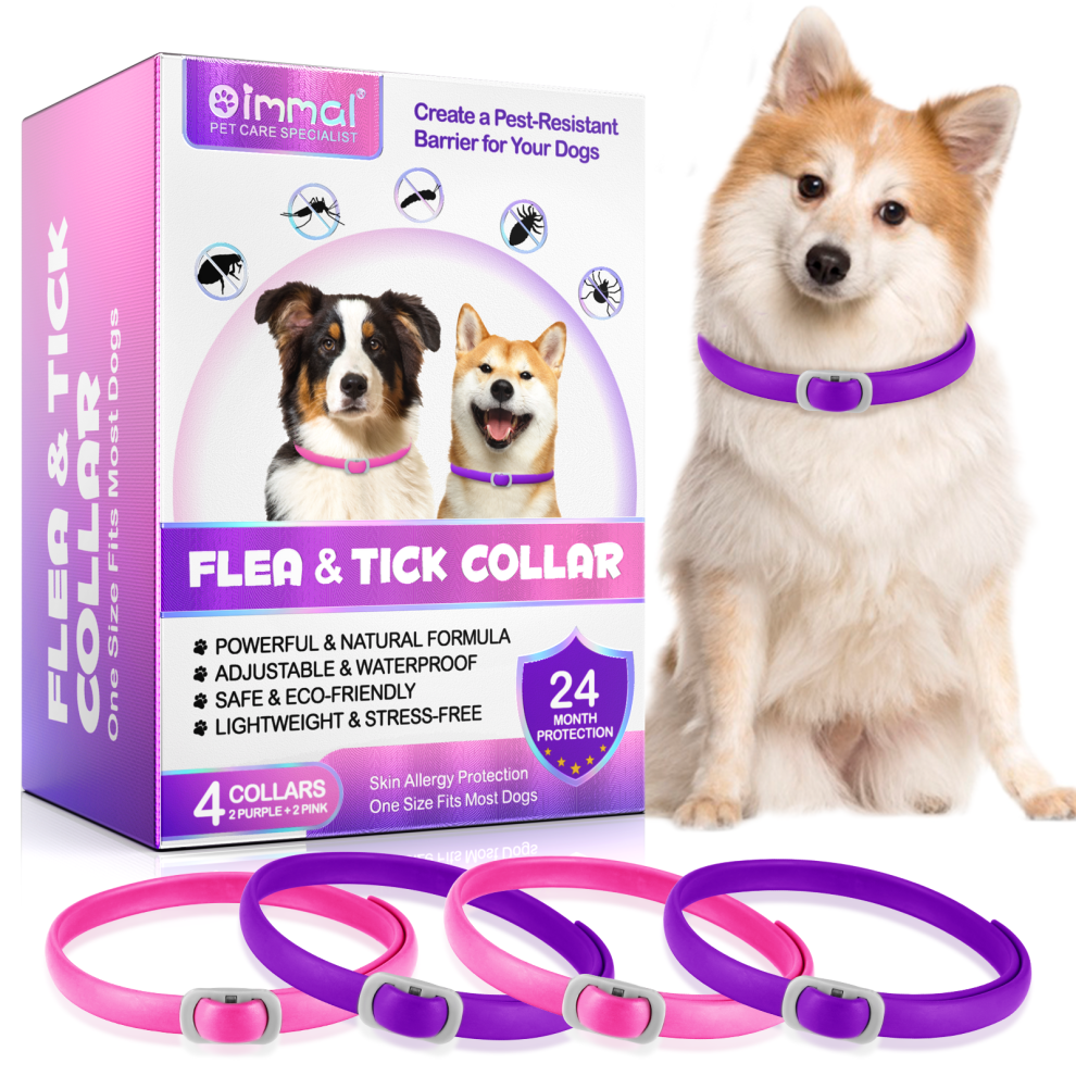 Oimmal Dog Flea Tick Collar Treatment Adjustable 24 Month Protection Pink/Purple 4 Pack