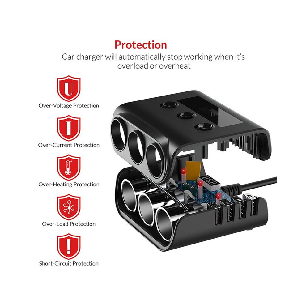 Tr12 Car Lighter Triple-Evaporator With Switch Voltage Display 4 Usb 120W Charger, Black 4853808618122