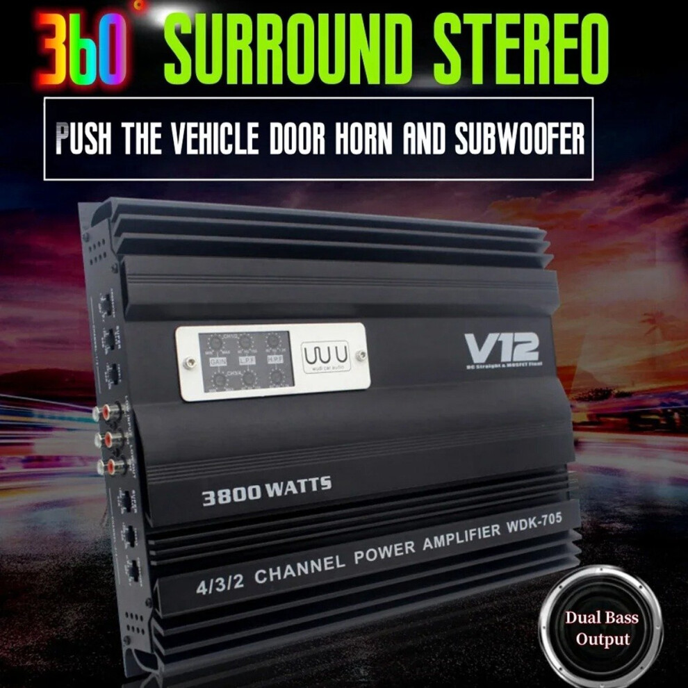 Saudism 12V 3800W Car Audio Amplifier High Power Dual Output Cart 4 Channel Speaker Subwoofer