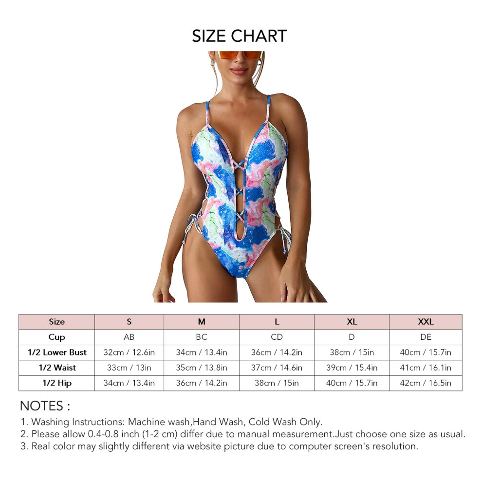 Blue XL Cross Strap One Piece Swimsuit with V Neck & Side Lace-Up-image-OPC-PMGQG9V-NEW