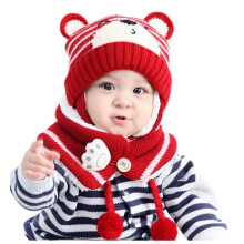 (red) ZSY Cute Bear Design Baby Beanie Hat and Scarf Set, Fleece Lined Winter Warm Knit Cap for Newborns, Toddlers, Little Boys and Girls(pink)