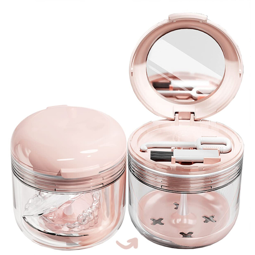 Pink (Pink) Zsy Vented Soaking Storage Case For Retainers Aligners Dentures, Includes Removable Strainer Basket For Cleaning, Compact Travel Holder,