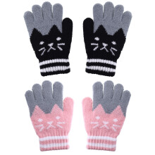 (Black, Pink) ZSY Warm Knitted Stretchable Gloves for Kids Boys Girls, Full Finger Soft Comfortable Winter Outdoor Play, 2-Pair Set