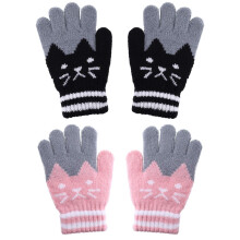 (Black, Pink) ZSY 2 Pairs Kids' Winter Full - Finger Knitted Gloves, Warm & Stretchy Cat - Themed Mittens for Boys & Girls, Cold Weather Essentials