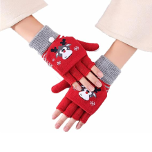 (red) ZSY Kids' Winter Warm Convertible Mittens, Flip Half & Full Finger Christmas Reindeer - Themed Gloves with Thumb Flap for Boys and Girls
