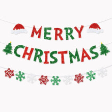 ZSY Christmas Party Decoration: 1 Piece "Merry Christmas" Banner, Red & Green Sparkly Christmas Bunting Garland with Snowflakes, Festive Party Supplie