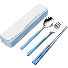(blue) ZSY Stainless steel Travel gear Set (Four-piece set) - Reusable tableware set, including forks, spoons and chopsticks (pink)