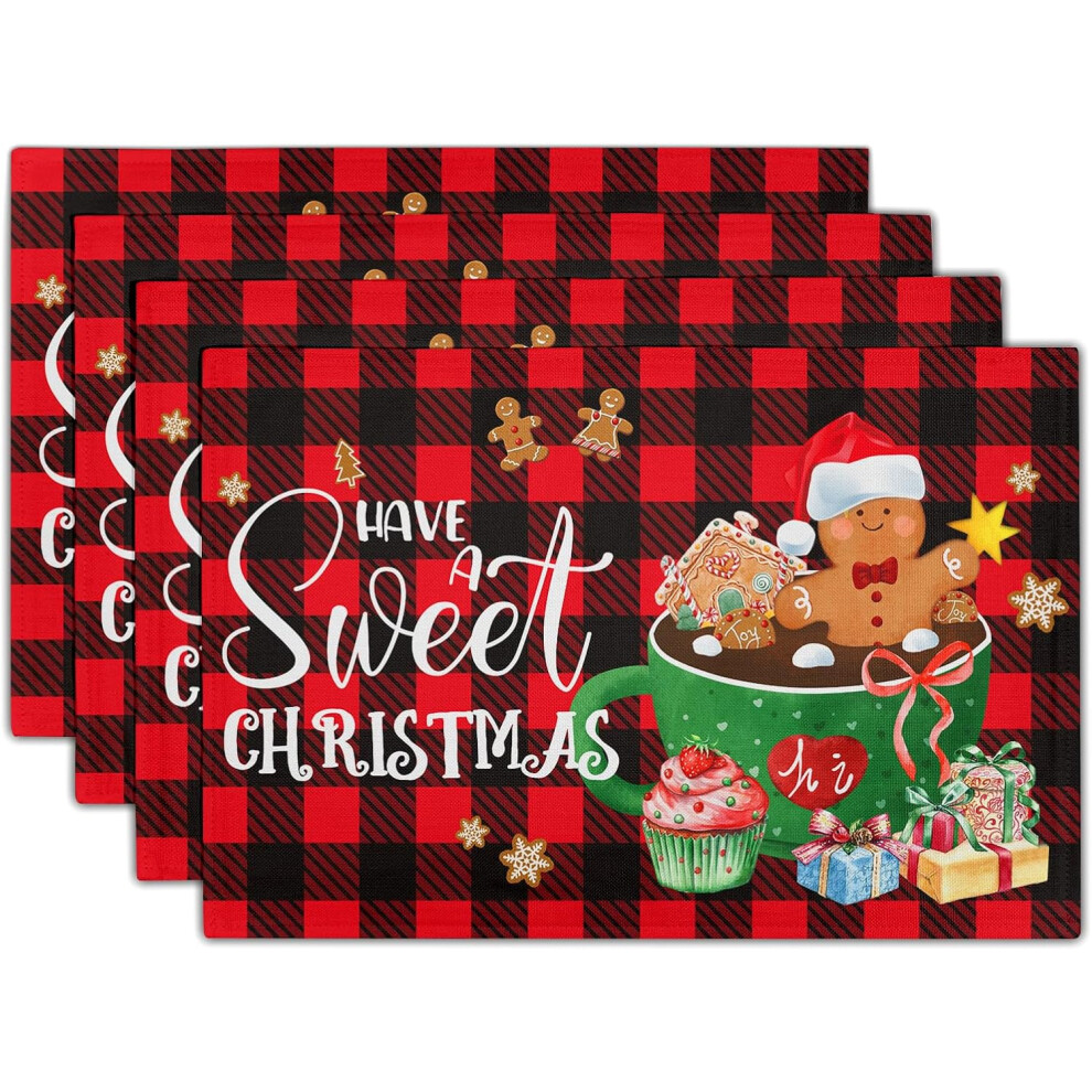 ZSY Gingerbread Placemats Set of 4, Christmas Red & Black Check Placemats with Winter Hot Cocoa Cookie Design, 12"x18" Heat-Resistant Table Mats for K-image-OPC-PMGQJKZ-NEW