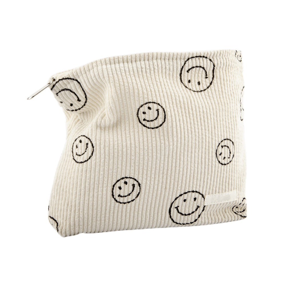 ZSY Women's Corduroy Cosmetic Bag - Aesthetic Design Handbag, Cute Smiley Face Pencil Case & Zippered Makeup Organizer Box (Beige)
