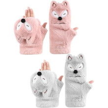 ZSY 2 Pairs Women's Winter Thick Warm Soft Plush Convertible Flip - Top Mittens, Fox - Themed Full Finger Gloves in Pink and Gray