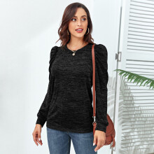 Lässiges Langarm-Puffärmel-Sweatshirt für Damen, Schwarz, Größe L