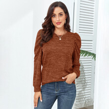 Damen Lockere Passform Rundhalsausschnitt-Strickpullover Rost XXL Long Puff Sleeve Pullover Top