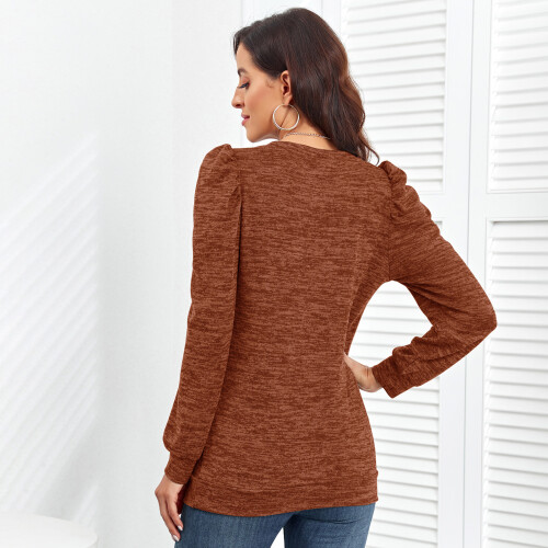 Damen Lockere Passform Rundhalsausschnitt-Strickpullover Rost XXL Long Puff Sleeve Pullover Top 2