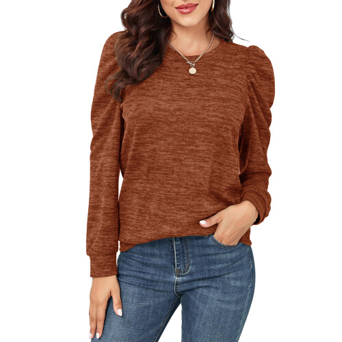 Damen Lockere Passform Rundhalsausschnitt-Strickpullover Rost XXL Long Puff Sleeve Pullover Top 1