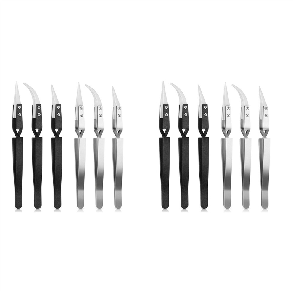 Kepptory 12Pcs Reverse Ceramic Tweezers Pointed Curved Tips Tweezer Set Non Conductive,Anti Magnetic Soldering