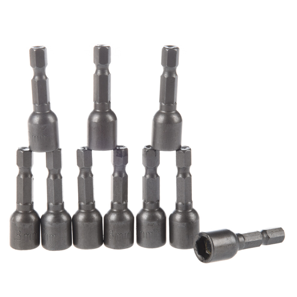 10 Pcs Chrome- 1/4 Shank 8Mm Magnetic Hex Socket Nut Driver Bits 4852100631792