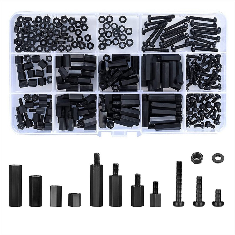260 Pcs M3 Male Female Nylon Hex Spacer Standoffs Screws Nuts - Black 4852597804532