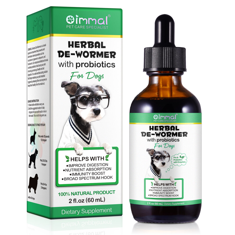 Oimmal Natural Dog De-Wormer Drops Herbal Liquid Wormer For Dogs Daily Probiotic 60Ml