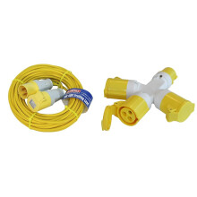 Faithfull FPPTL14ML 14 Metre L/V Trailing Lead Extension Lead 110V 16A 1.5mm Cable & FPPSOCK3WAY 3 Way Splitter 110V 16A, Yellow