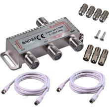 RUNCCI-YUN TV Aerial 3 Way Satellite F Type Splitter 5-2500MHz with 2 * 1.5m Coax Cable 3 x F plug + 4 x F socket