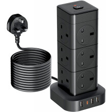 Hulker 5M Tower Extension Lead with USB, Vertical Power Strip 12 Way 4 USB Slots (1 Type C and 3 USB Ports) Multi Plug Extension Socket with Overload