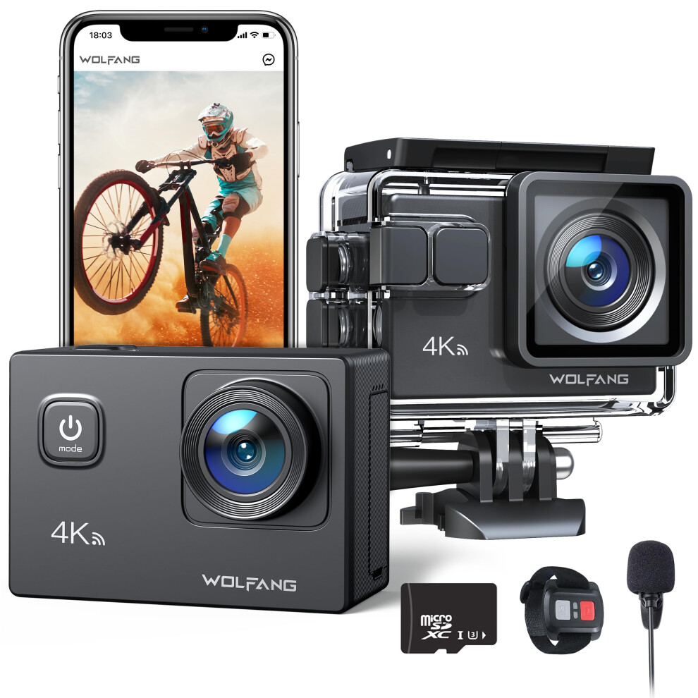 Wolfang Action Camera Ga100 With 32Gb Microsdxc Memory Card 4K 30Fps 20Mp Underwater Camera Waterproof 40M, Wifi Videocamera With Dual Mic, 170 Wide 87000689