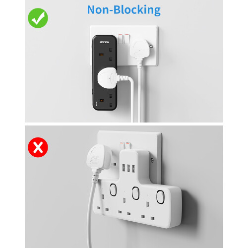 Mscien Plug Adapter, 3 Way Plug Extension Socket with Individually Switched, Multi Plug Adaptor Black Socket Extender, Wall Socket Extension for Home 2