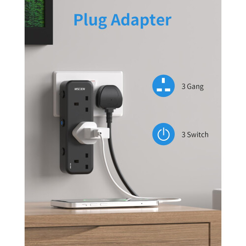 Mscien Plug Adapter, 3 Way Plug Extension Socket with Individually Switched, Multi Plug Adaptor Black Socket Extender, Wall Socket Extension for Home 1