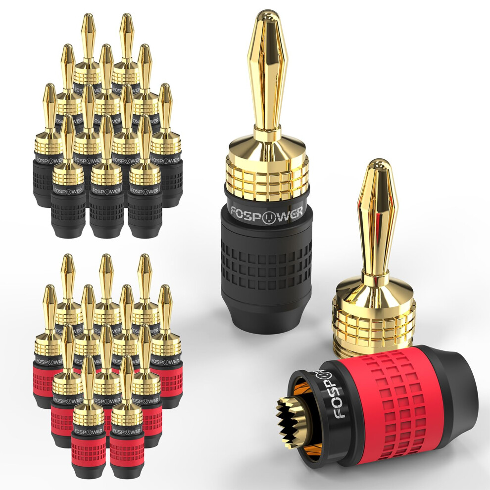 FosPower Deadbolt Banana Plugs 12 Pairs / 24 pcs, Screwless Type 24k Gold Plated Banana Speaker Plug Connectors for Speaker Wire, Home Theater, Audio-image-OPC-PMGSZNF-NEW