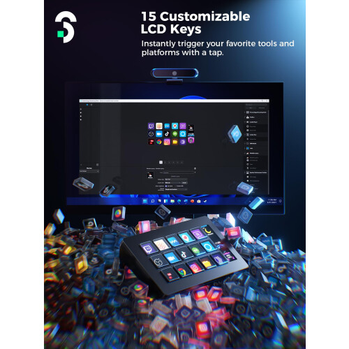 Stream Control Deck - SOOMFON Studio Stream Controller with 15 Macro Keys & Dashboard, Customized LCD Buttons to Trigger Actions in OBS, Twitch, YouT 1