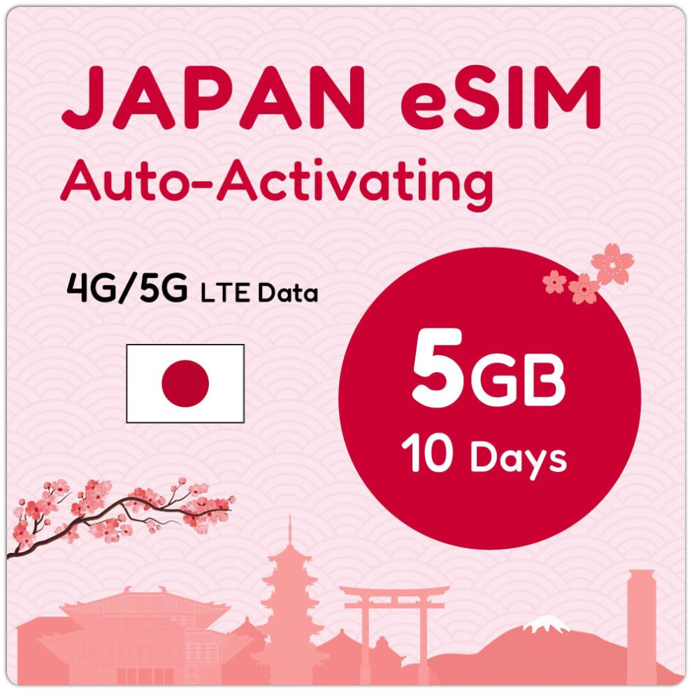 Japan eSIM 10 Days 5GB | eSIM QR Sent by Email within 24Hrs of Shipping | Scan QR and use Immediately | Auto Activating | 5G Network With Tethering/H-image-OPC-PMGT2D8-NEW