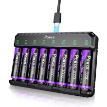 POWXS Rechargeable Lithium Batteries AA with Charger,8 Slot Charger with 8 Pcs 3000mAh AA Rechargeable Batteries,USB Fast Charging Long Lasting Lithi