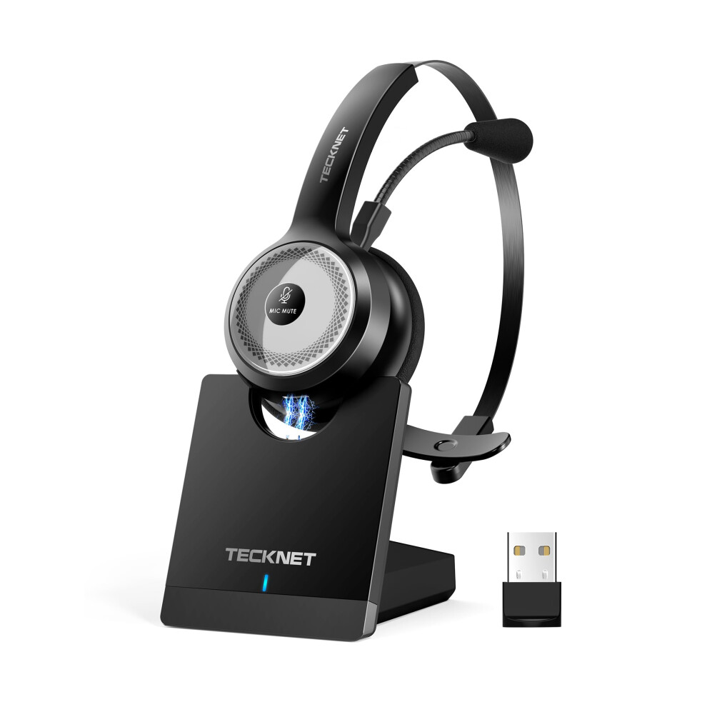 Tecknet Bluetooth Headset, Wireless Headset With Microphone Noise Cancelling & Usb Dongle, Bluetooth Headphones With Charging Dock & Mute Button For
