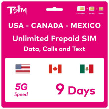TSIM Prepaid USA SIM Card for 9 Days | Unlimited 4G/5G High-Speed Data in the USA + Unlimited Low Speed Data in Canada & Mexico | Unlimited Local Cal
