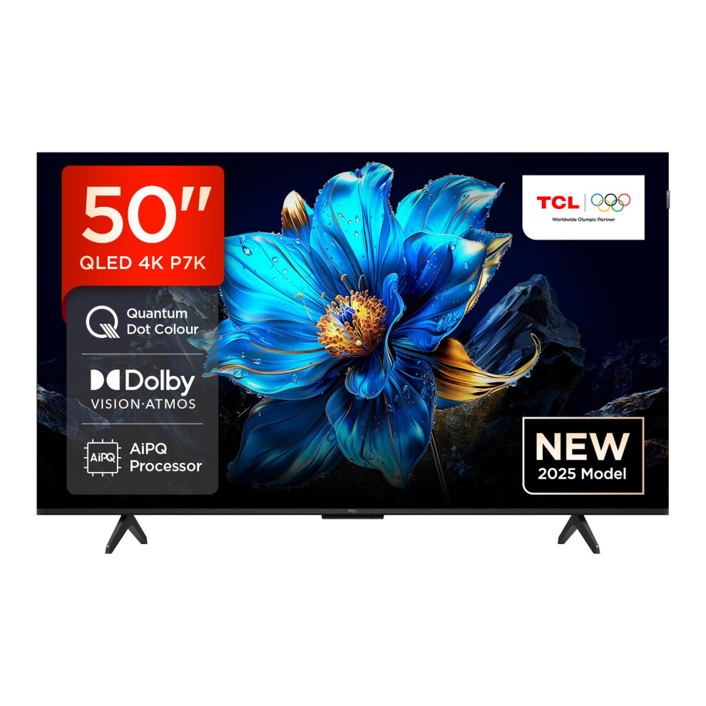 Tcl 50P7k-Uk 50" Qled 4K Ultra Hd Hdr Google Tv (Google Assistant, Freeview Play, Dolby Atmos, Dolby Vision, Hdr10+, Motion Clarity，2025 New Model)
