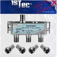 1STec Genuine Virgin Media 3 Way Technetix Passive Wideband Signal TV Splitter Screw-on F-Connector Type TiVo TV Set Top Box Superhub Internet Router