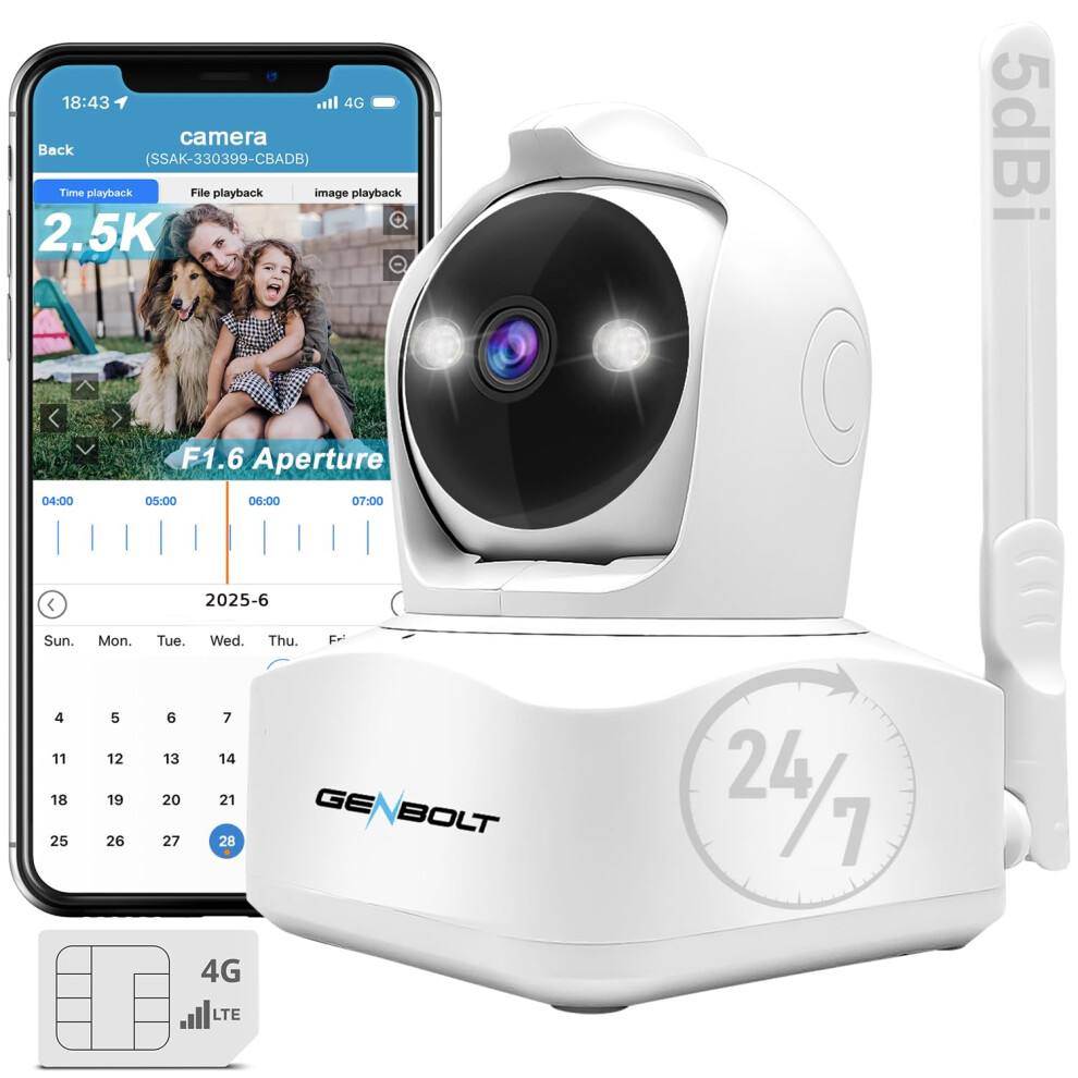 Genbolt 3G/4G Lte Security Camera Indoor With Sim Card, 2.5K Pet Camera Baby Monitor Spotlight Surveillance Ip Camera No Wifi, Cellular Cctv Cameras 79027687