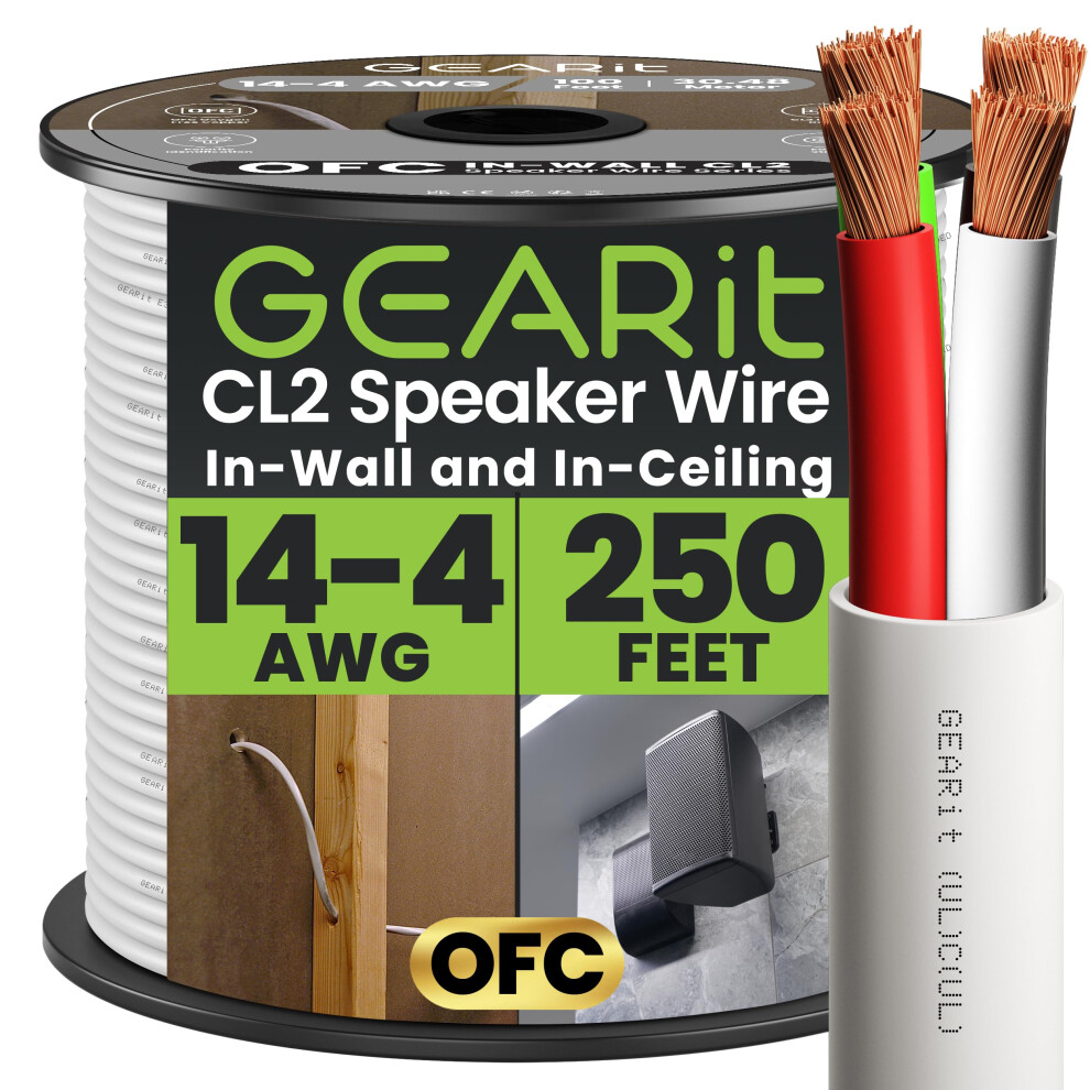 Gearit 14/4 Speaker Wire (100 Feet) 14Awg Gauge - Fire Safety In Wall Rated Audio Speaker Wire Cable / Cl2 Rated / 4 Conductors - Ofc Oxygen-Free Cop 87599510