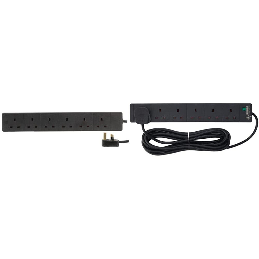 Pro Elec - Extension Lead, 6 Socket, 3 Metres (Black) & Pelb1755 6 Gang Extension Lead With Surge Protection Black, 5M 34300435