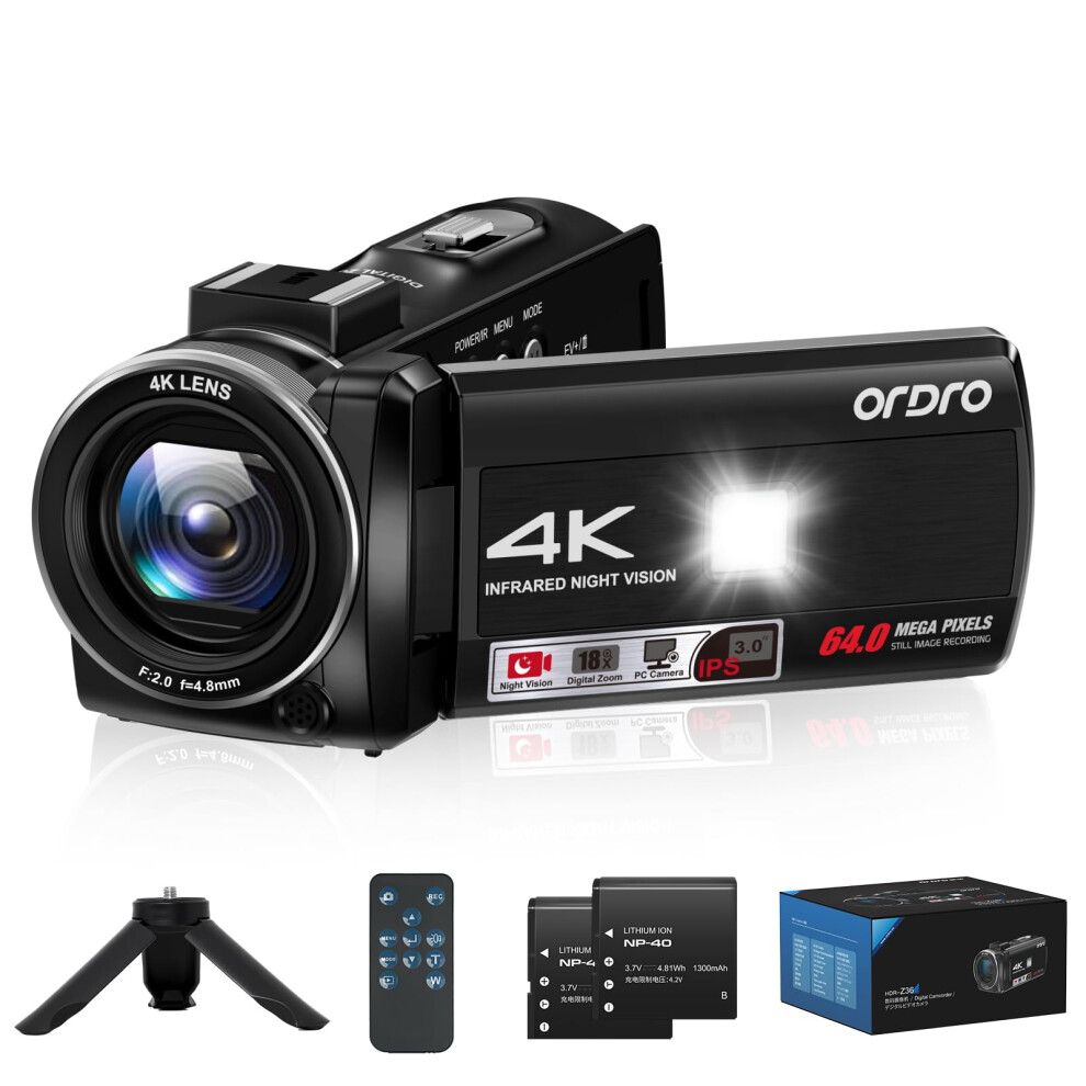 Ordro Camcorder 4K, 64Mp Vlogging Camera With 18X Digital Zoom, Led Fill 3.0 Inch Screen, Ir Night Vision, Vlogging Camera For Youtube With Tr Light 76455919