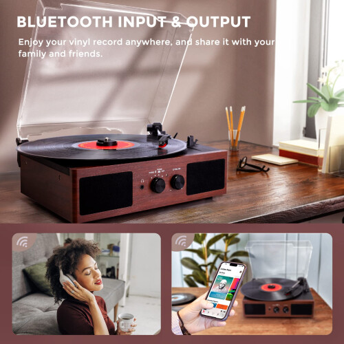 Hernido Vinyl Record Player, Belt-Driven 3-Speed Turntable, Bluetooth Speaker with Input & Output Function, Supports AUX-in, RCA Output, Headphone Ja 1
