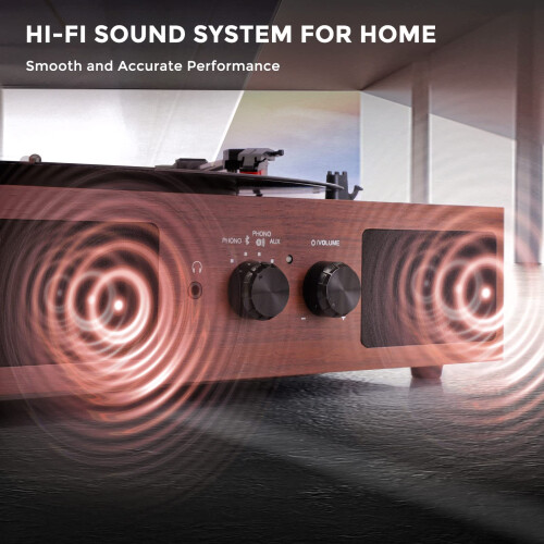 Hernido Vinyl Record Player, Belt-Driven 3-Speed Turntable, Bluetooth Speaker with Input & Output Function, Supports AUX-in, RCA Output, Headphone Ja 2